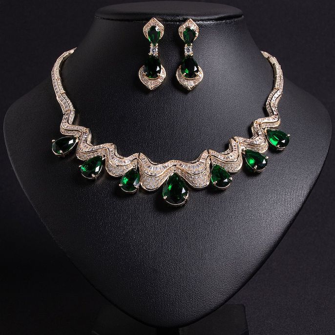 Party Brass Wavy Teardrop Stones Choker Necklace Earrings Set - Image 5