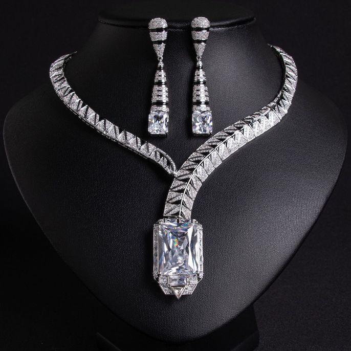 Party Brass Geometric Stones Pendant Necklace Earrings Set - Image 5