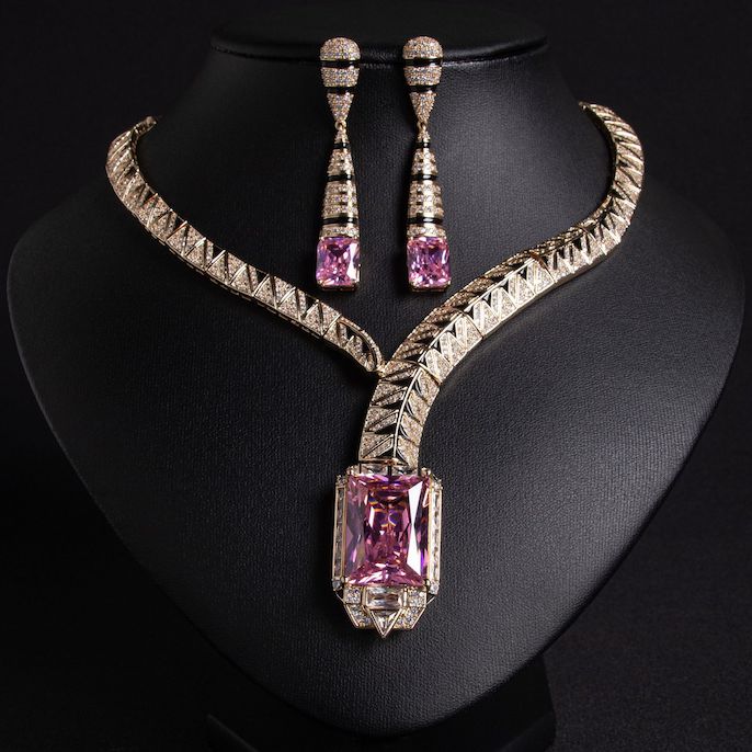 Party Brass Geometric Stones Pendant Necklace Earrings Set - Image 4