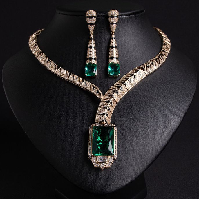 Party Brass Geometric Stones Pendant Necklace Earrings Set - Image 3
