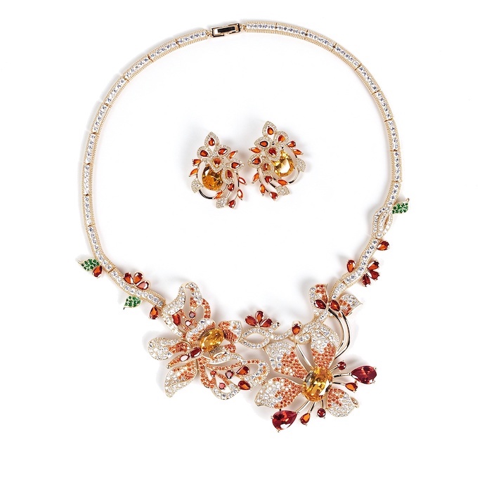 Party Brass Crystal Flowers Statement Necklace Earrings Set