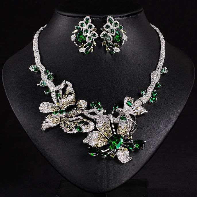 Party Brass Crystal Flowers Statement Necklace Earrings Set - Image 5
