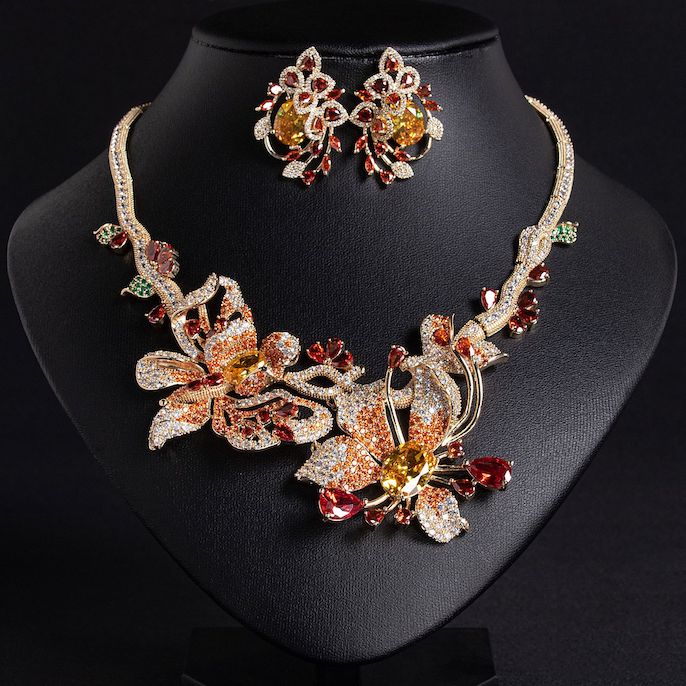 Party Brass Crystal Flowers Statement Necklace Earrings Set - Image 3
