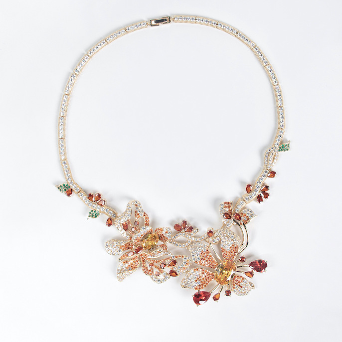 Party Brass Crystal Flowers Statement Necklace Earrings Set - Image 2
