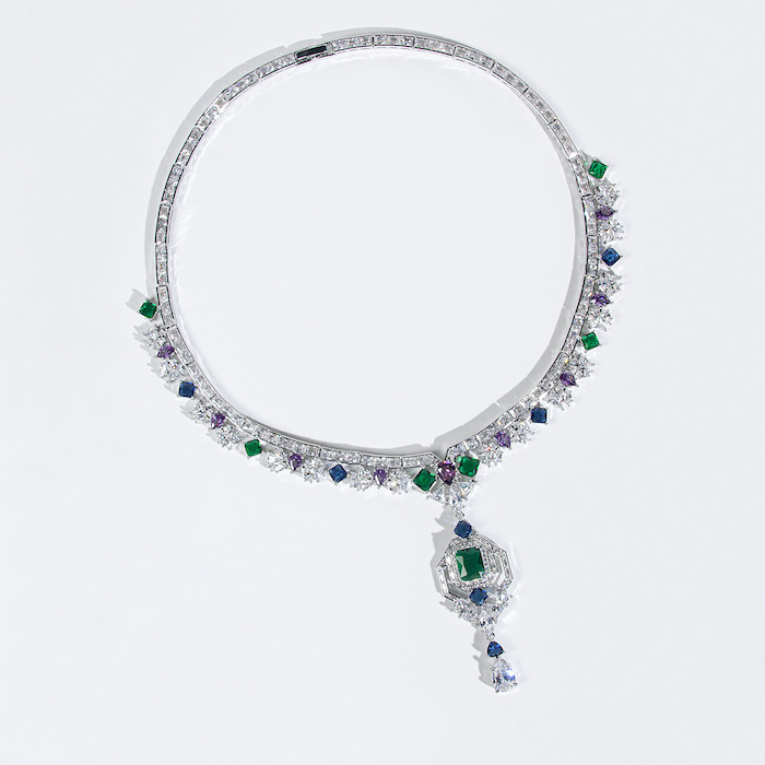 Bridal Brass Diamond Stone Geometric Choker Necklace Earring Set - Image 2