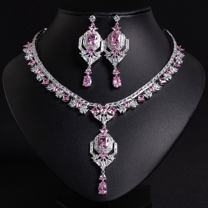 Bridal Brass Diamond Stone Geometric Choker Necklace Earring Set - Image 3