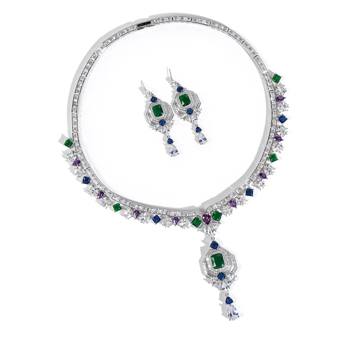 Bridal Brass Diamond Stone Geometric Choker Necklace Earring Set