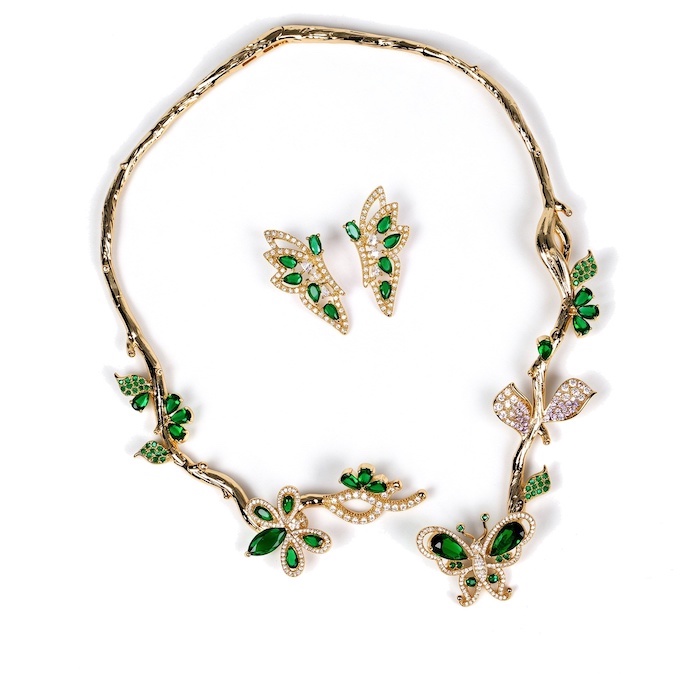Party Brass CZ Leaves Butterfly Choker Necklace Earrings Set