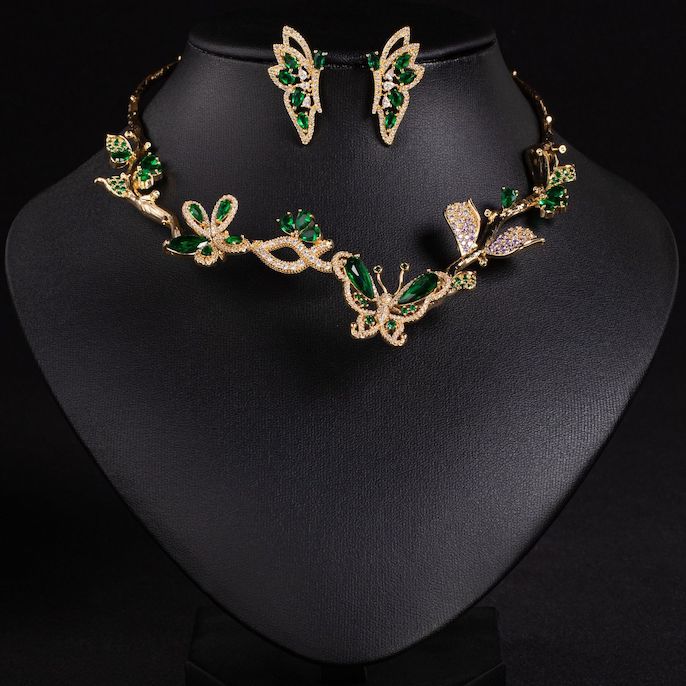 Party Brass CZ Leaves Butterfly Choker Necklace Earrings Set - Image 6