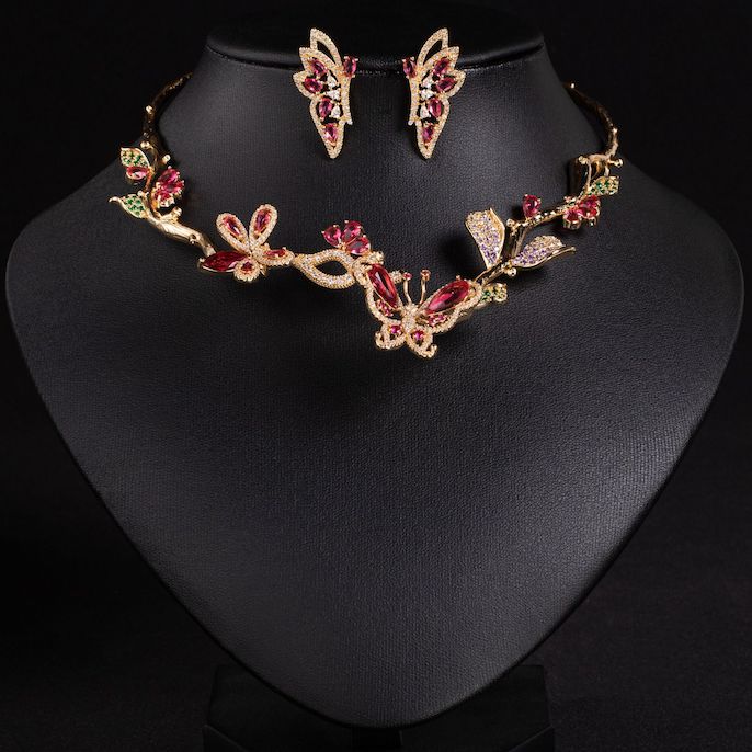 Party Brass CZ Leaves Butterfly Choker Necklace Earrings Set - Image 5