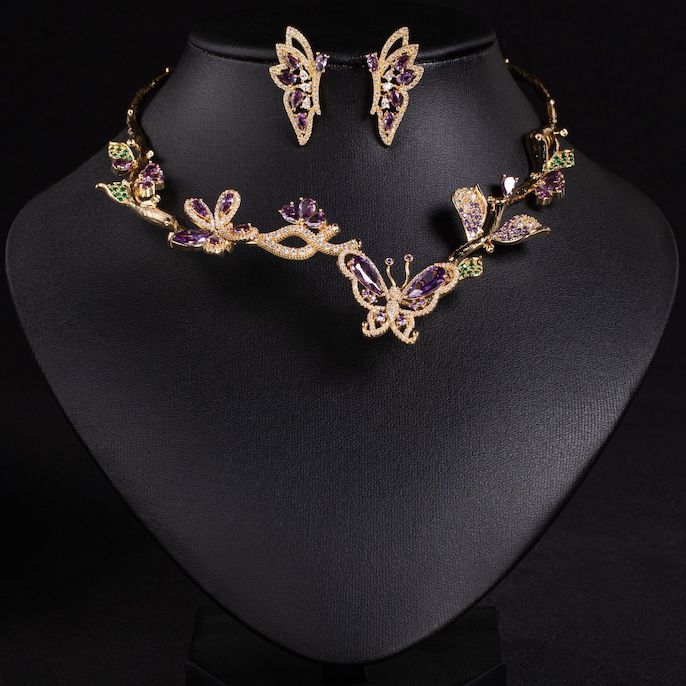Party Brass CZ Leaves Butterfly Choker Necklace Earrings Set - Image 4