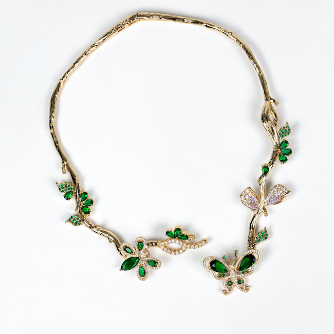 Party Brass CZ Leaves Butterfly Choker Necklace Earrings Set - Image 2