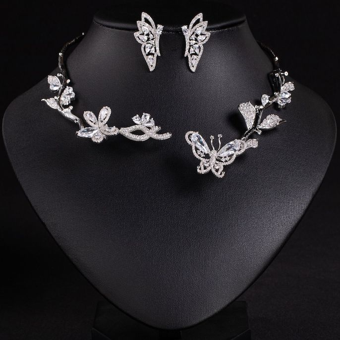 Party Brass CZ Leaves Butterfly Choker Necklace Earrings Set - Image 3