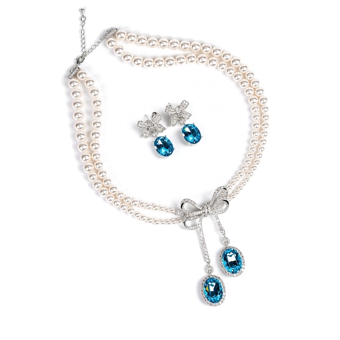 Heavy Party Brass CZ Pearls Bowknot Necklace Earrings Set