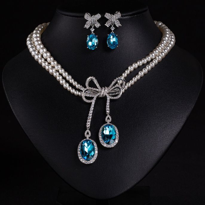 Heavy Party Brass CZ Pearls Bowknot Necklace Earrings Set - Image 6
