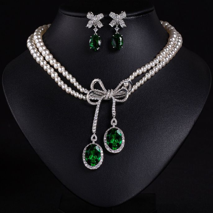 Heavy Party Brass CZ Pearls Bowknot Necklace Earrings Set - Image 5