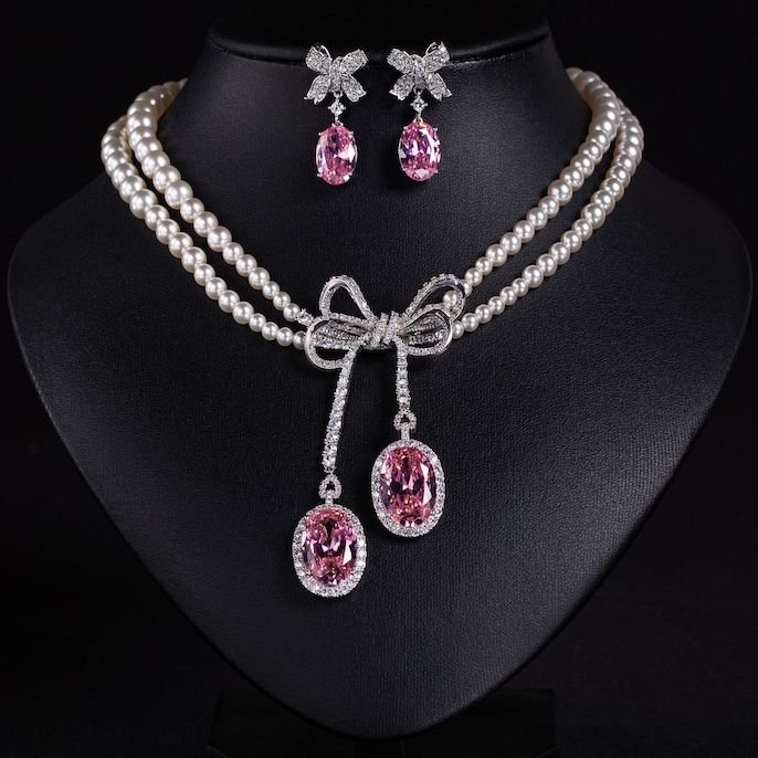 Heavy Party Brass CZ Pearls Bowknot Necklace Earrings Set - Image 4