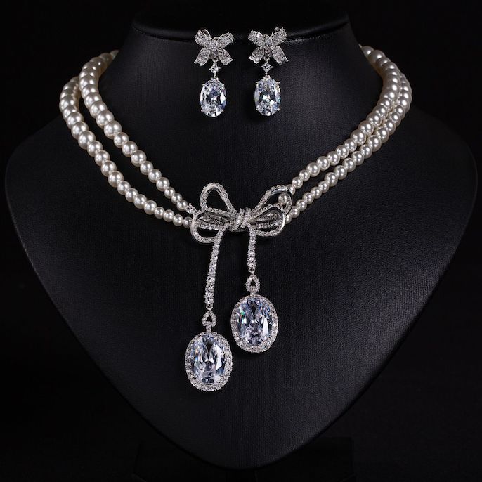Heavy Party Brass CZ Pearls Bowknot Necklace Earrings Set - Image 3