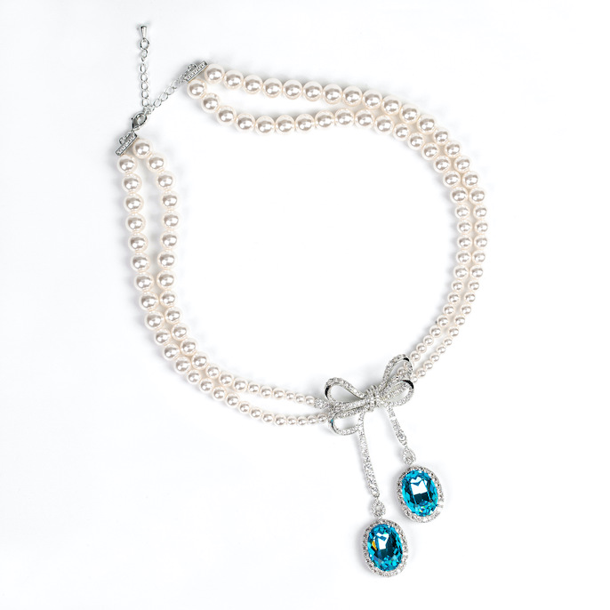 Heavy Party Brass CZ Pearls Bowknot Necklace Earrings Set - Image 2