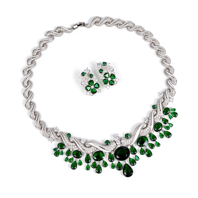 Heavy Party Brass Oval Teardrop CZ Statement Necklace Earrings Set