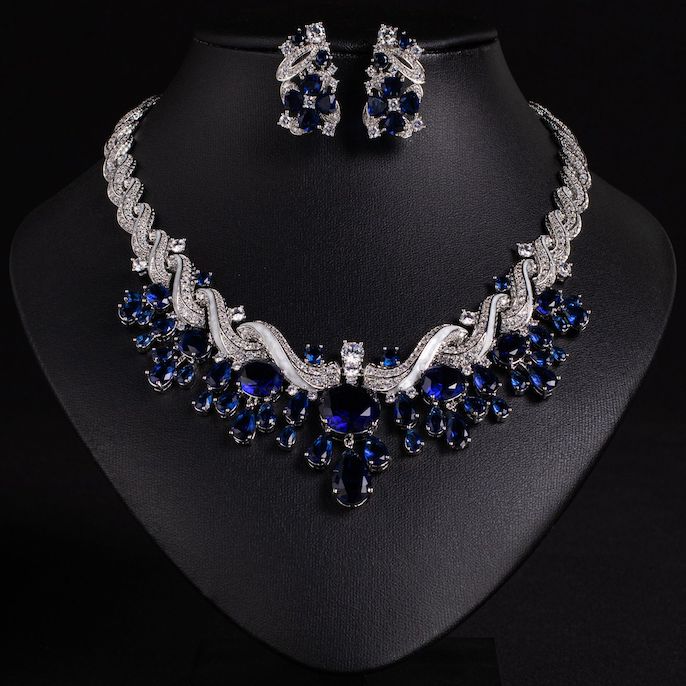Heavy Party Brass Oval Teardrop CZ Statement Necklace Earrings Set - Image 5