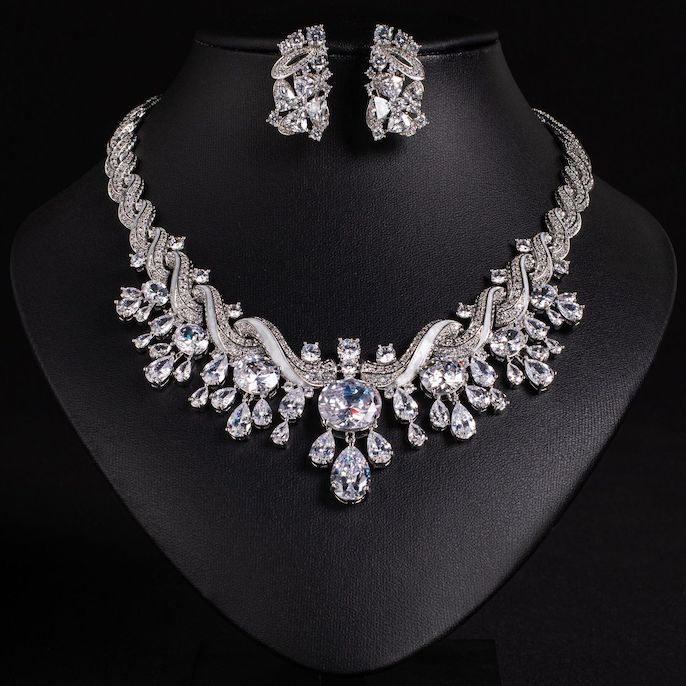 Heavy Party Brass Oval Teardrop CZ Statement Necklace Earrings Set - Image 4