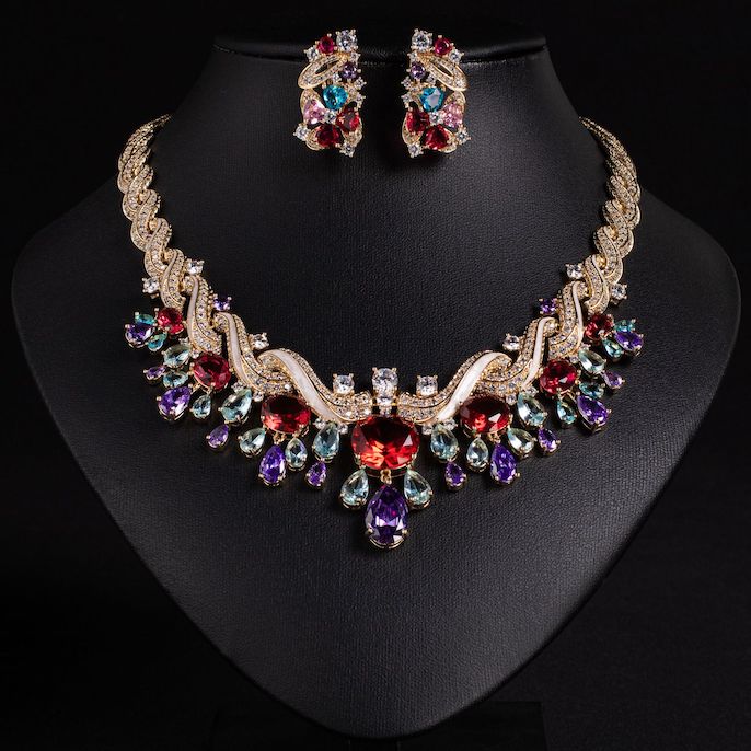 Heavy Party Brass Oval Teardrop CZ Statement Necklace Earrings Set - Image 3