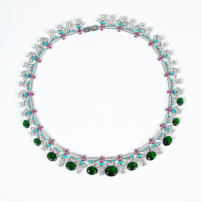 Party Brass Oval CZ Emeralds Choker Necklace Earrings Set - Image 2