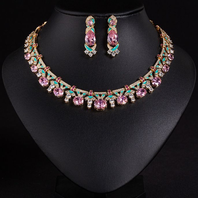 Party Brass Oval CZ Emeralds Choker Necklace Earrings Set - Image 3