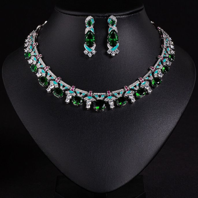 Party Brass Oval CZ Emeralds Choker Necklace Earrings Set - Image 4