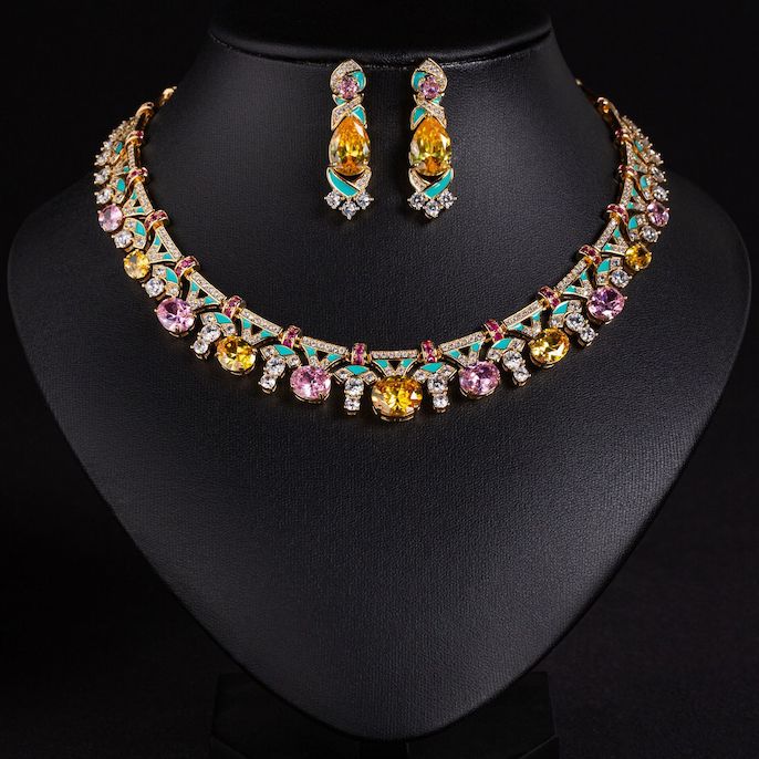 Party Brass Oval CZ Emeralds Choker Necklace Earrings Set - Image 5