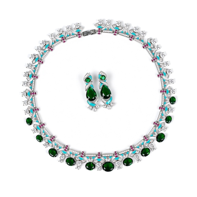 Party Brass Oval CZ Emeralds Choker Necklace Earrings Set