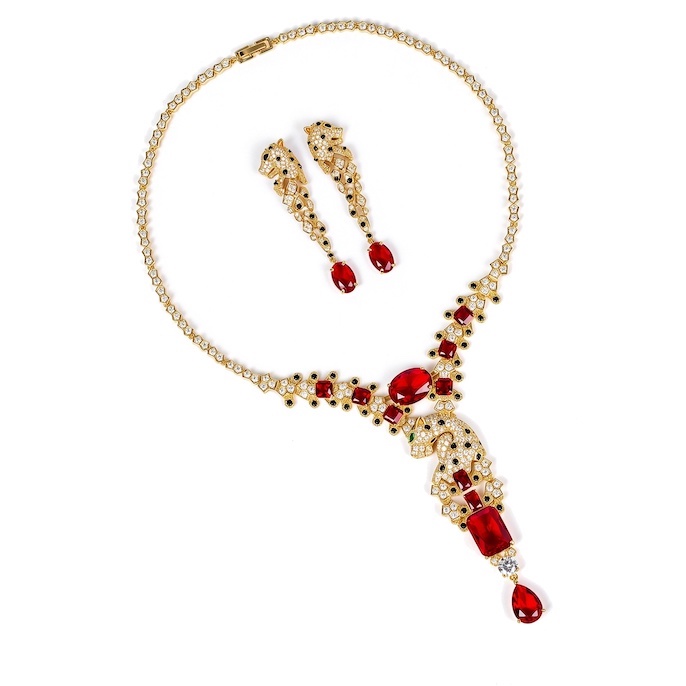 Party Brass Teardrop CZ Leopards Necklace Earrings Set