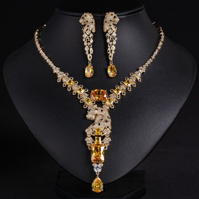 Party Brass Teardrop CZ Leopards Necklace Earrings Set - Image 6