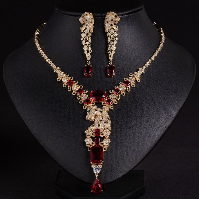 Party Brass Teardrop CZ Leopards Necklace Earrings Set - Image 5
