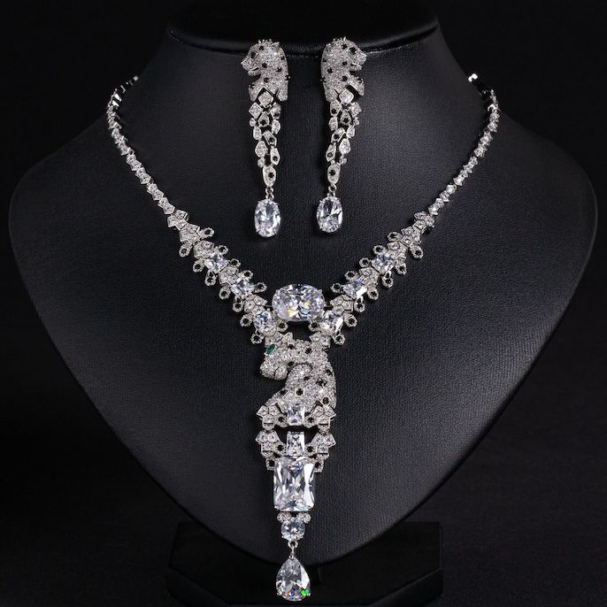 Party Brass Teardrop CZ Leopards Necklace Earrings Set - Image 4
