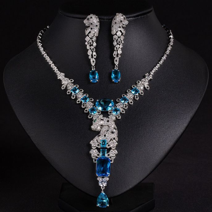 Party Brass Teardrop CZ Leopards Necklace Earrings Set - Image 3