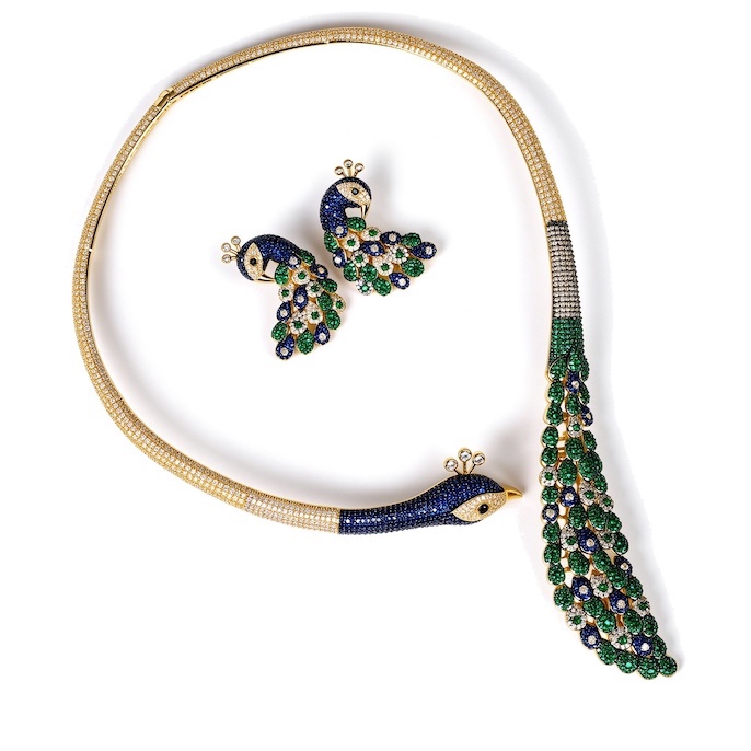 Party Brass Colored CZ Peacock Bird Necklace Earrings Set