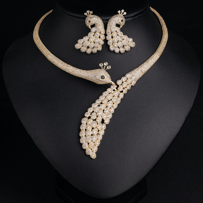 Party Brass Colored CZ Peacock Bird Necklace Earrings Set - Image 5