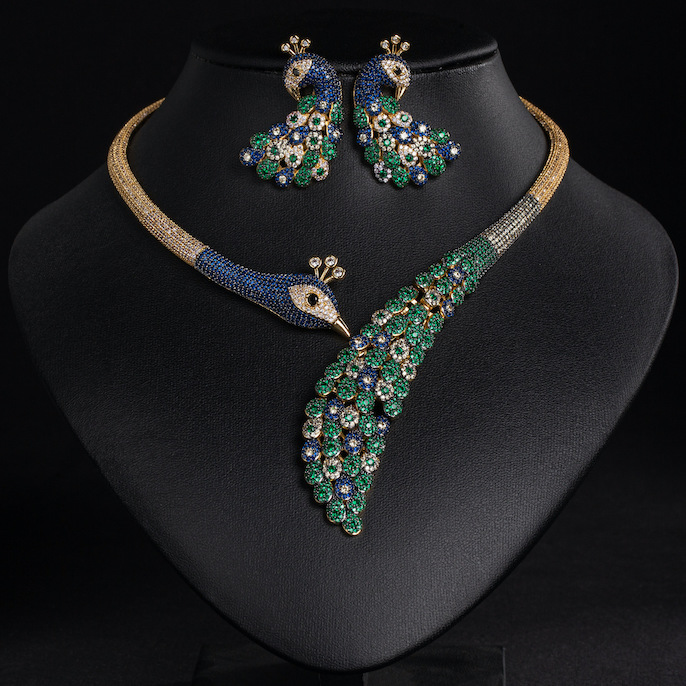 Party Brass Colored CZ Peacock Bird Necklace Earrings Set - Image 4