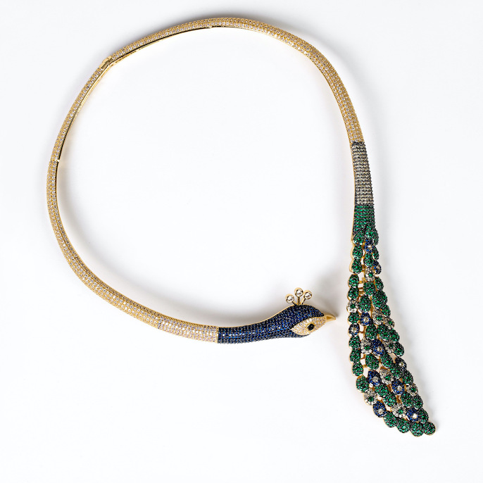 Party Brass Colored CZ Peacock Bird Necklace Earrings Set - Image 2