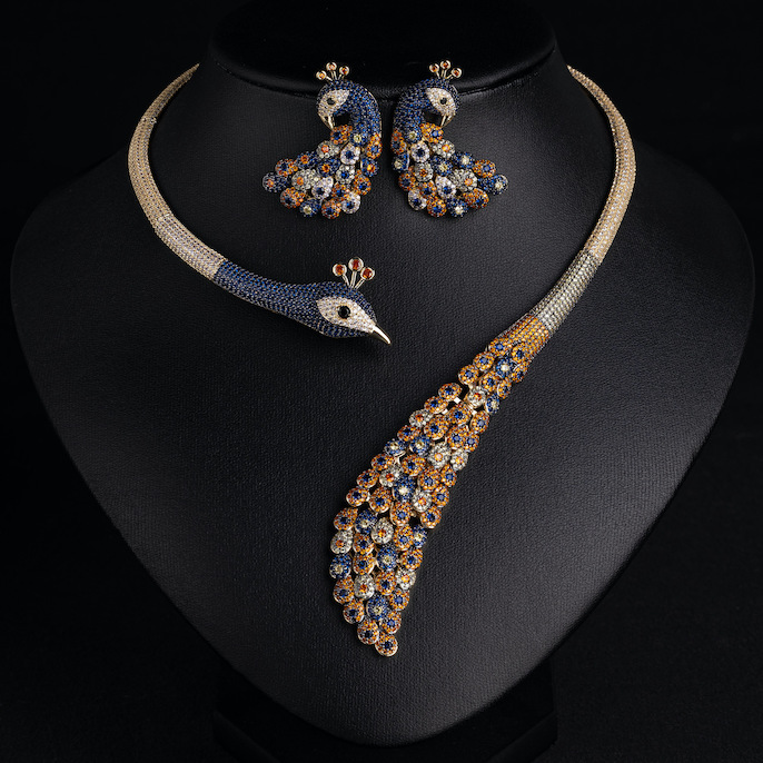 Party Brass Colored CZ Peacock Bird Necklace Earrings Set - Image 3