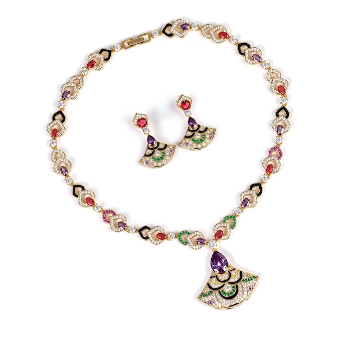 Wholesale Party Brass CZ Teardrop Fans Necklace Earrings Set