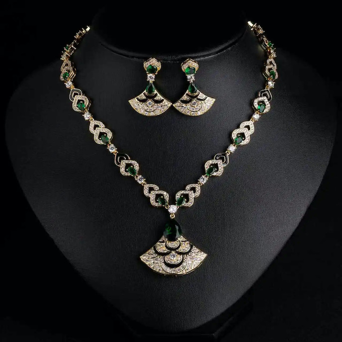 Wholesale Party Brass CZ Teardrop Fans Necklace Earrings Set - Image 6