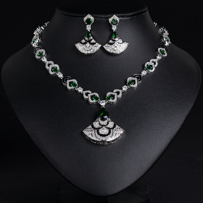 Wholesale Party Brass CZ Teardrop Fans Necklace Earrings Set - Image 5