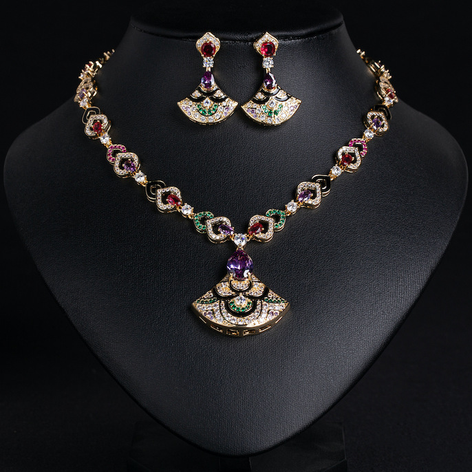 Wholesale Party Brass CZ Teardrop Fans Necklace Earrings Set - Image 4