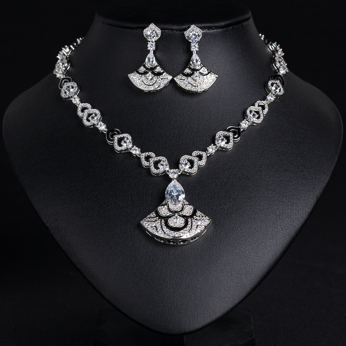 Wholesale Party Brass CZ Teardrop Fans Necklace Earrings Set - Image 3