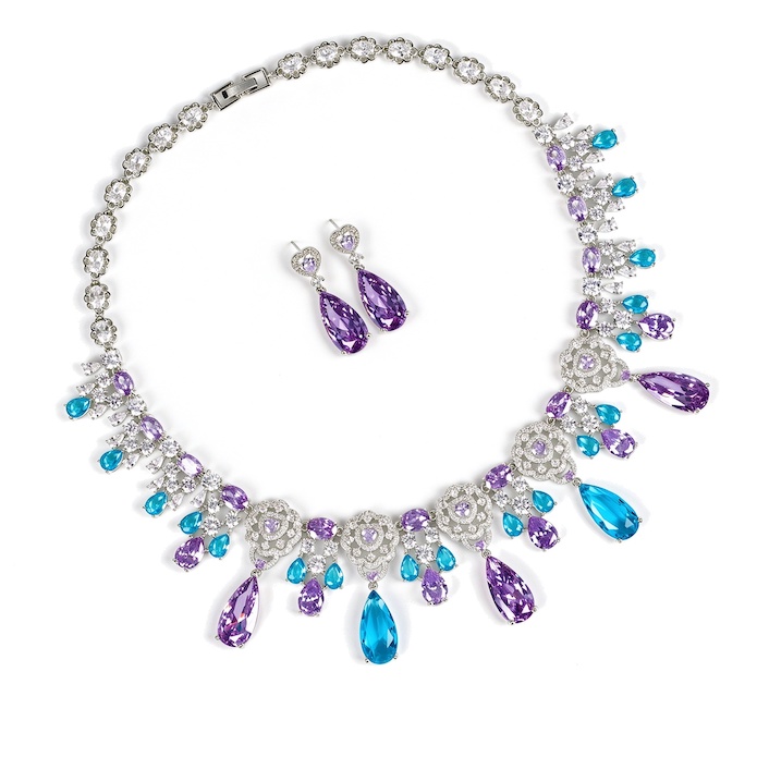 Bridal Brass Teardrop Stone Tassels Choker Necklace Earring Set
