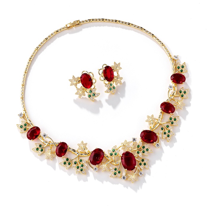 Bridal Brass Oval Leaf Flowers Choker Necklace Earring Set