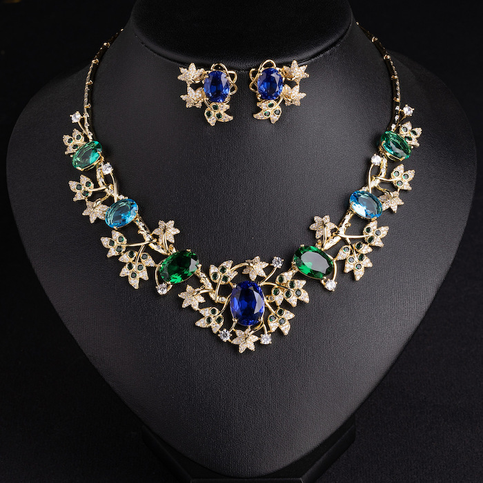 Bridal Brass Oval Leaf Flowers Choker Necklace Earring Set - Image 3
